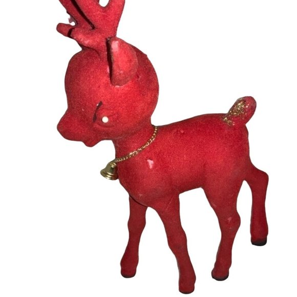 Red Flocked Felt Christmas Reindeer 2 Vintage Deer - Picture 9 of 16